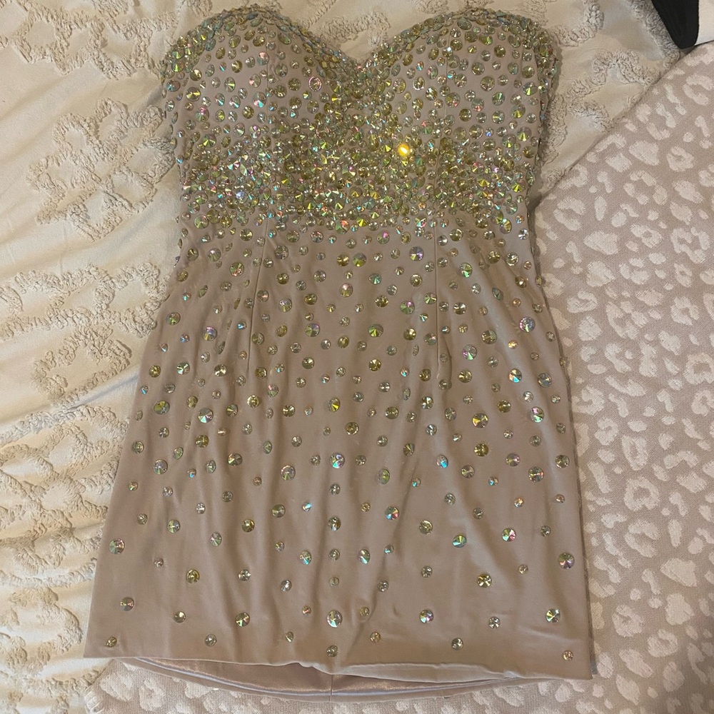 Blush Prom Nude Studded Embellished Mini Dress